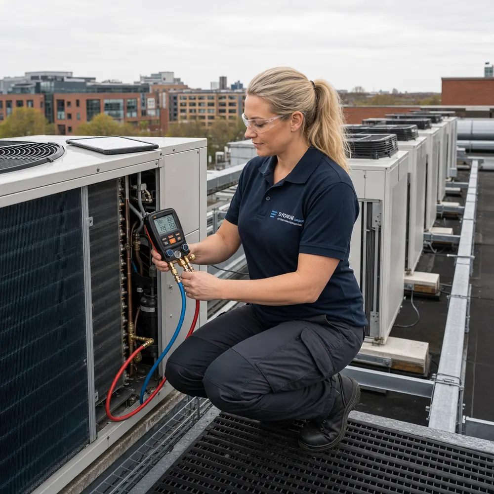 Engineer servicing a unit, filters out, gauges on